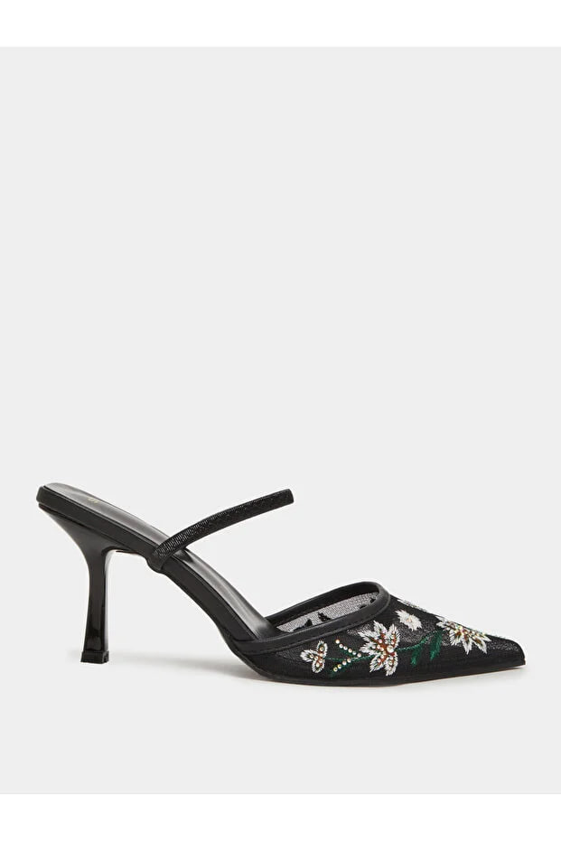 Styli Black Embroidered Pointed Toe Mules